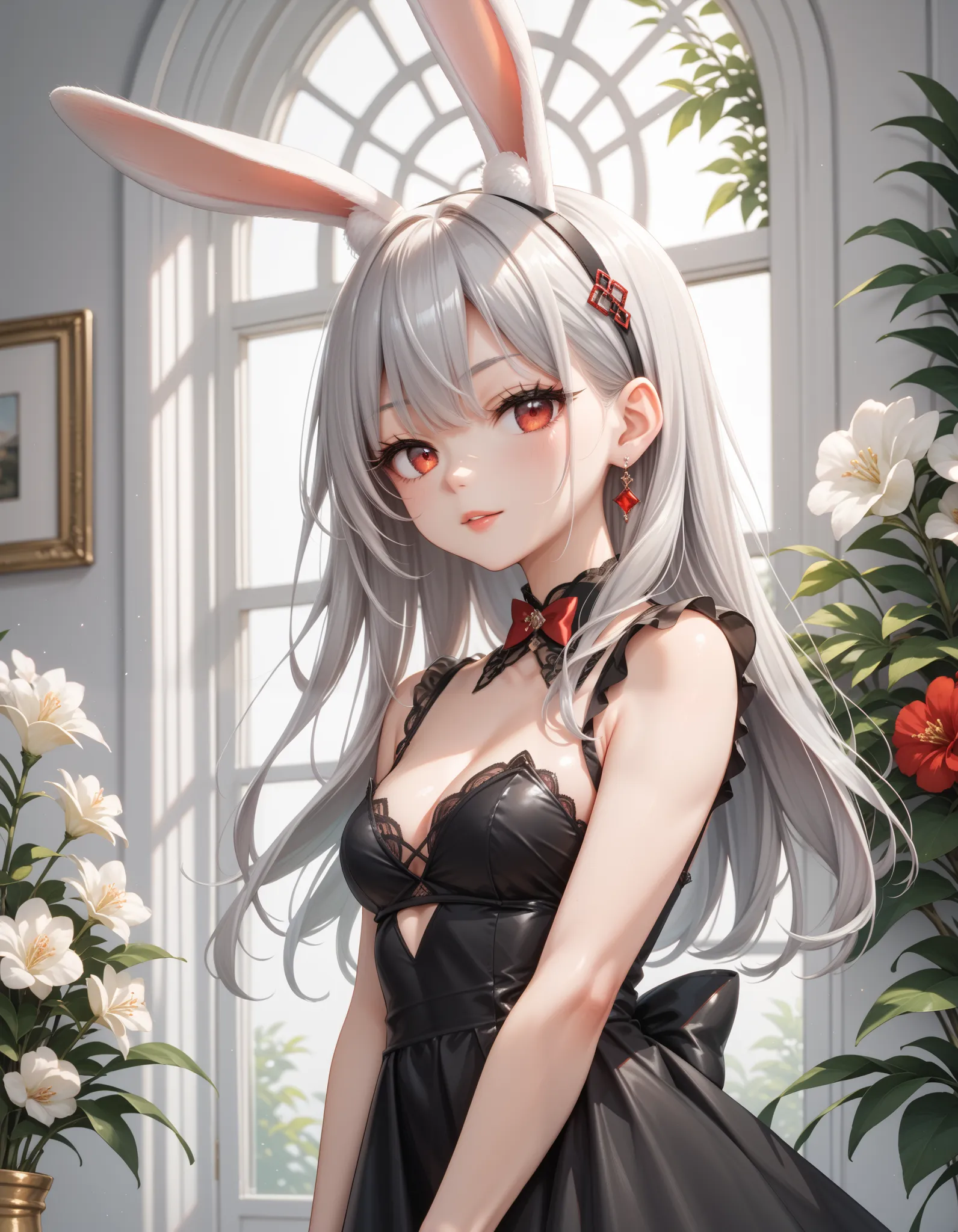 score_9, score_8_up, score_7_up, source_anime, 1girl, silver hair, rabbit ears, red eyes, black dress