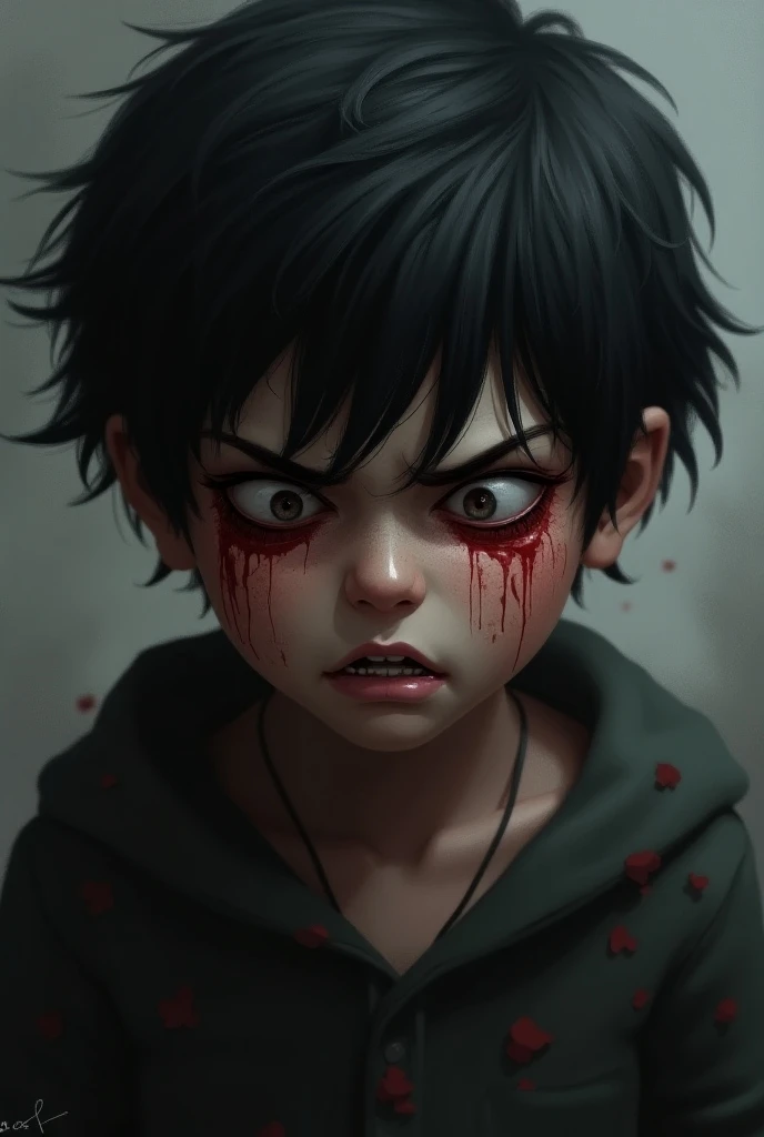 Boy with black hair crying blood from Roblox