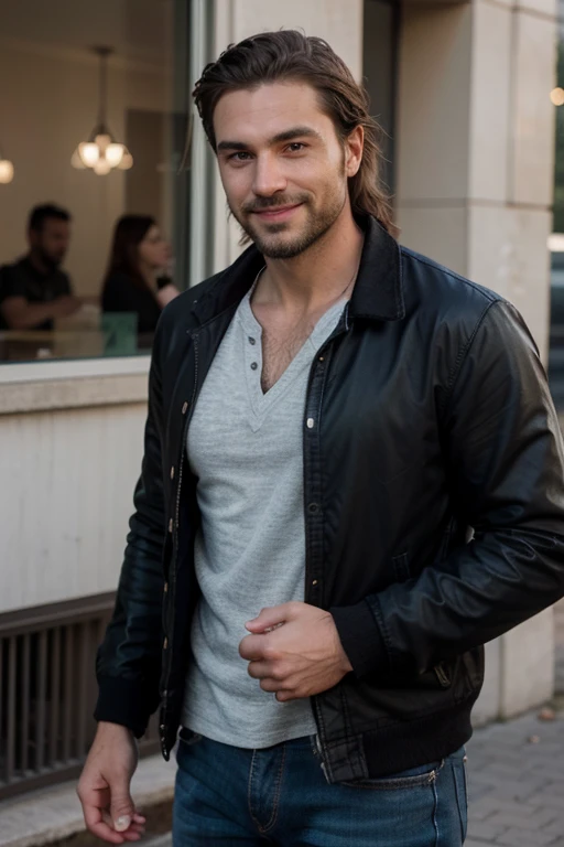 Very handsome Tall 1.85 metres, English Male, 38 years old, muscular, thin, unshaved stubble beard, olive skin, tanned, handsome green eyes, deep sight, wavy long brown hair parted on the side,  classy dressed casual badass, in black clothes smiling,  he w...