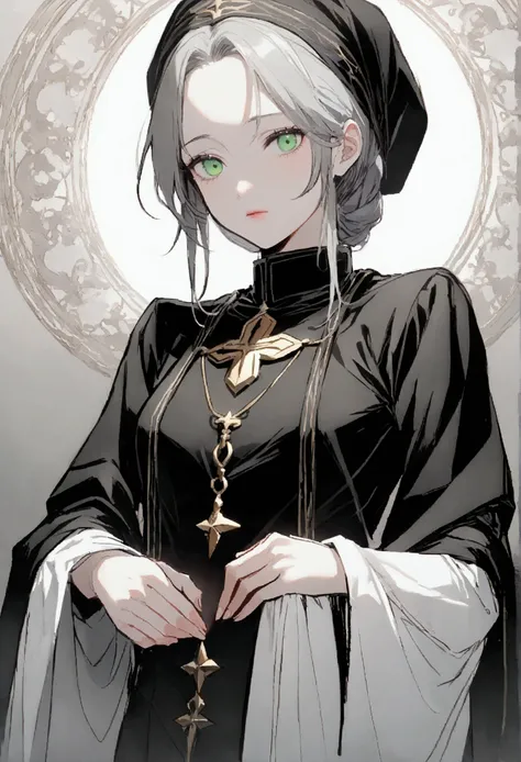 Green-eyed mother superior wearing black cassock on a white outfit 