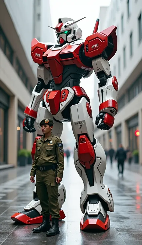 A Singaporean soldier stepping forward confidently with a giant robot protector. The robot is adorned with metallic red and white, reflecting the Singapore flag, and combines futuristic design with Singaporean cultural elements. High resolution, high quali...