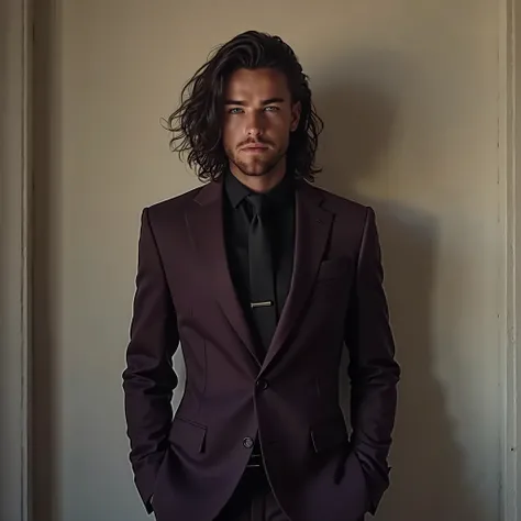 man, barba,  long wavy hair, wearing purple suit , slim black tie, black shirt.  Background of the image is a white wall with low lighting.