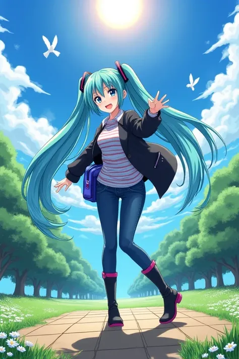  hatsune miku.  anime girl, 19 years old, long hair, straight hair, blue hair, sweet look,  looking at the viewer , smile, dynamic pose,  clear and green scenery , square, uma square com flores e grama,  black and white clothes , striped clothes,  jeans, h...