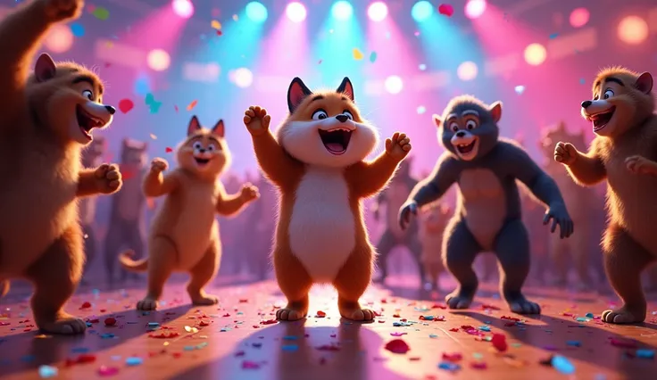 animals dance with even more excitement, with sparkling lights and colorful confetti flying everywhere. A big finale celebration fills the scene as the animals cheer, clap, and show off their best moves in the center of the dance floor, capturing the heigh...