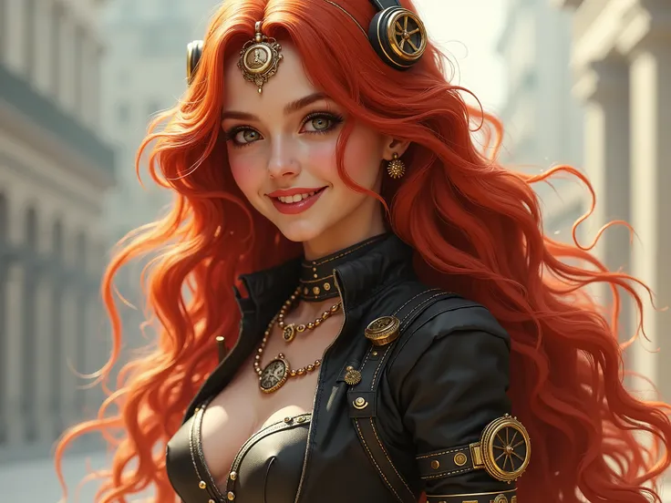 extremely realistic, hyperdetailed, steampunk theme, extremely long red wavy hair  girl, blushing, smiling happily, wears steampunk clothing, toned body, showing  midriff, highly detailed face, highly detailed eyes, full body, whole body visible, full char...