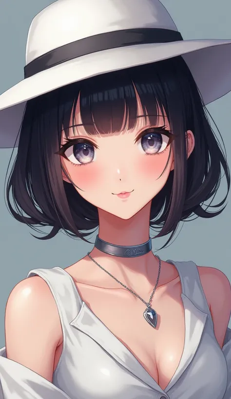 A very pretty anime girl white hat a silver necklace wearing only black pants neckline Selfie Zomm,  masterpiece , HD model,  Best quality , Detail, 