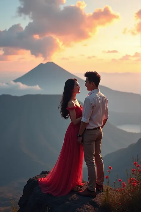 Romantic Couple Couple A Beautiful Asian Woman And A Handsome Asian Man Her Face Faces Forward With Smiles On A Bromo Mountain Peak 