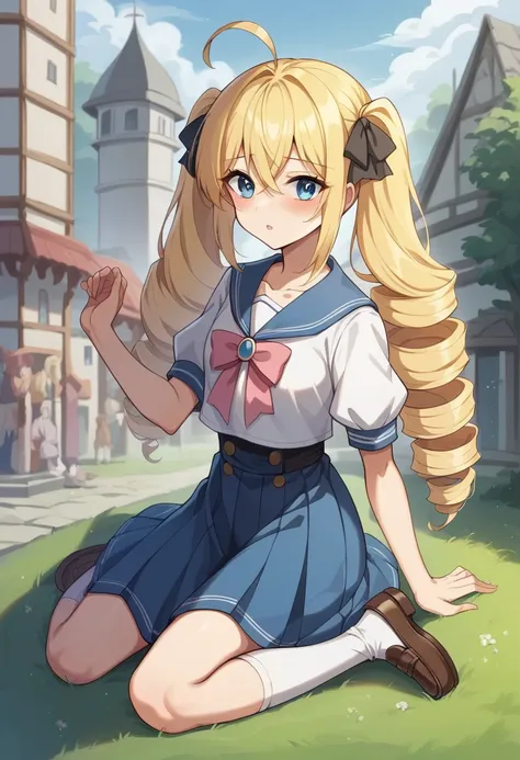 woman、blonde、Long Hair、Drill Hair、Ahoge、 Twintails with pink ribbons 、 blue eyes、 tree eyes 、 Details、 white ****Tadres、Bastier with a big black bow on her chest 、  Loafers、 white socks 、sunset、medieval city background  、、Anime、Illustration、Best Quality、 m...