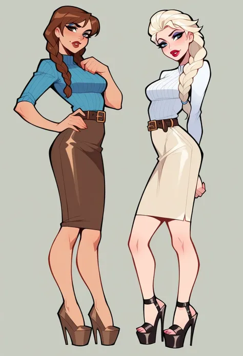 score_9, score_8_up, score_7_up, 2girls, duo, (Anna, brown hair, braided pigtails, wearing tight pencil skirt, belt, blouse, spectacles, platform heels:1.3) and (Elsa, blonde, braid, wearing tight pencil skirt, belt, blouse, spectacles, platform heels:1.2)...