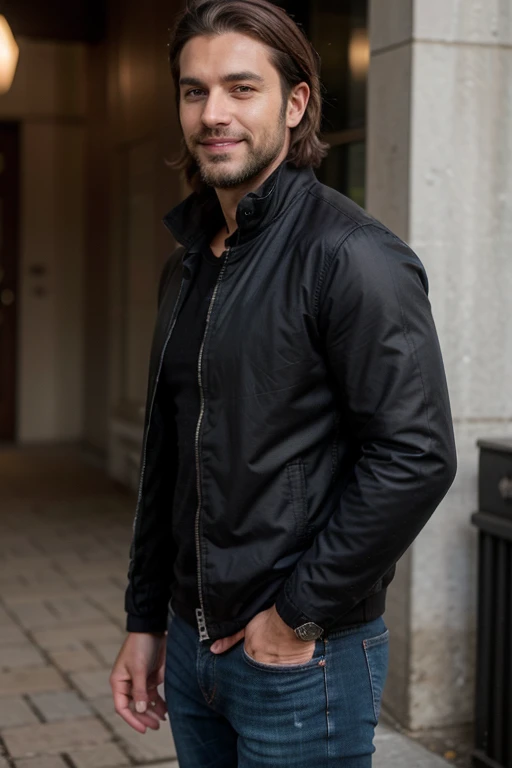 Very handsome Tall 1.85 metres, English Male, 38 years old, muscular, thin, unshaved stubble beard, olive skin, tanned, handsome green eyes, deep sight, wavy medium long loose brown hair parted on the side,  classy dressed casual badass, in black clothes s...