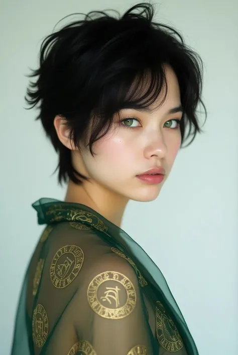 photo of a black-haired woman, waist up, 20s, short hair, messy hair, fully clothed, red robe with ancient runes, silk robe, translucent robe, studio shot, natural background, white background, cute face, detailed eyes, green eyes