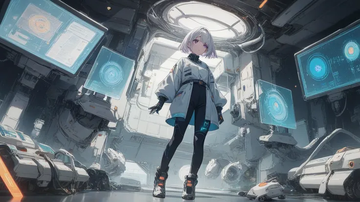 A futuristic space scientist anime girl with short silver hair and violet eyes, wearing a lab-inspired space suit with intricate holographic elements. She is standing inside a high-tech laboratory with stars and galaxies visible through a large transparent...