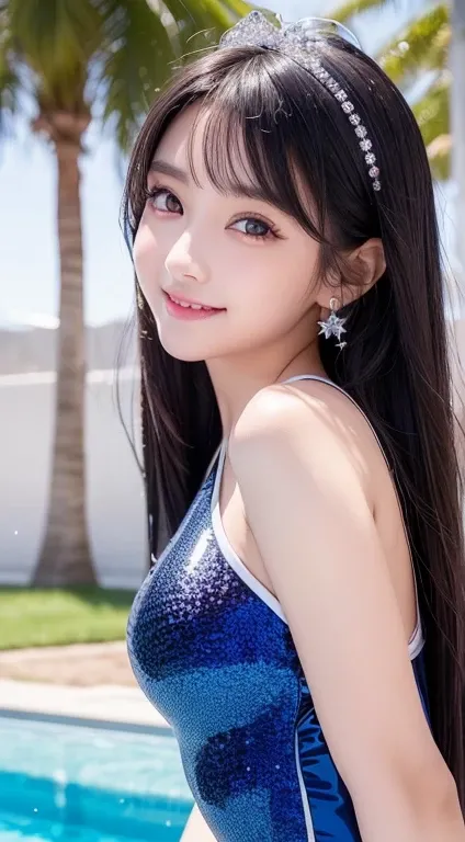 (Very beautiful cute girl), ( very cute face:1.2),12, ( Big Eyes That Are Clear and Attractive Like Sparkling Crystals), Great looks,  beautiful detailed eyes ,  Double eyelids with attention to detail, (smile), ( Realistic Pictures:1.2),   long straight h...