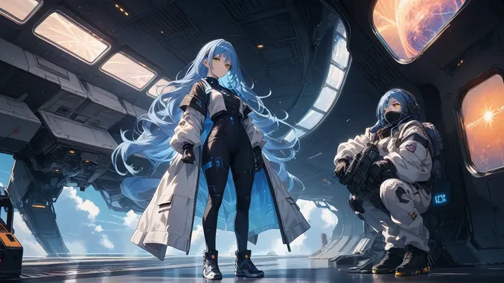 A confident anime girl with long, flowing dark blue hair and golden eyes, wearing a streamlined space suit with dark silver and purple accents. She holds a futuristic blaster in her hand and stands ready on a spaceship deck, with planets and stars visible ...