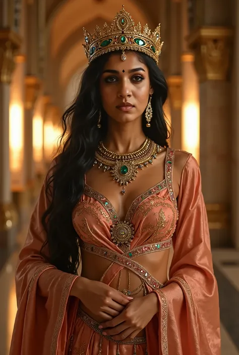 A beautiful arab queen,intricate golden crown, opulent jewels, flowing silken robes, elegant pose, alluring expression, piercing eyes, lush lips, flawless skin, curvaceous figure, sensual cleavage, mesmerizing gaze, ornate background, stunning Arabian arch...