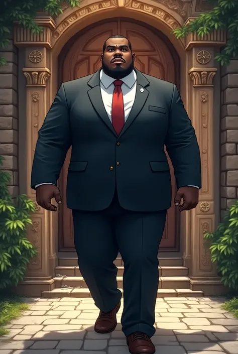 Create a black man, Strong and fat in a suit walking towards the door of a convent of nuns Anime style, anime, 