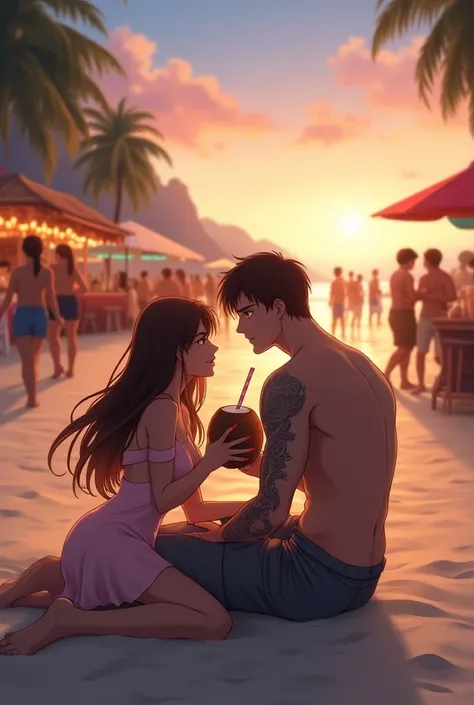 A beautiful girl, brown long hair, light pink short dress, coconut water in her hand, boy with heavy muscles, broad chest, handsome, tattoo in his body, without tops but with long grey pant, coconut water in his hand, sitting with each other in a sea beach...