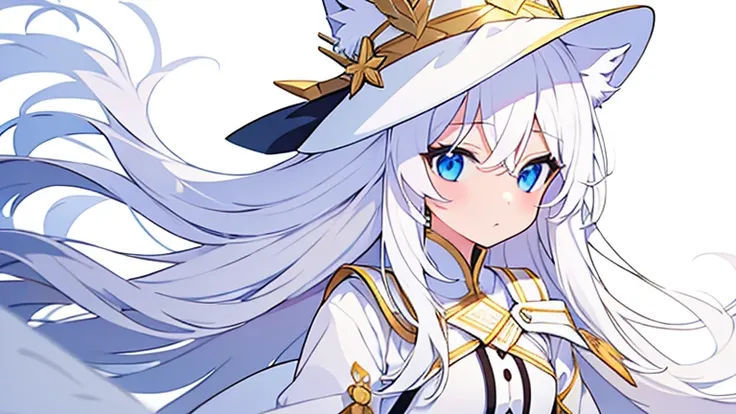 Pure white background、  white hat with gold decoration、Long white hair、Wolf Cosplay