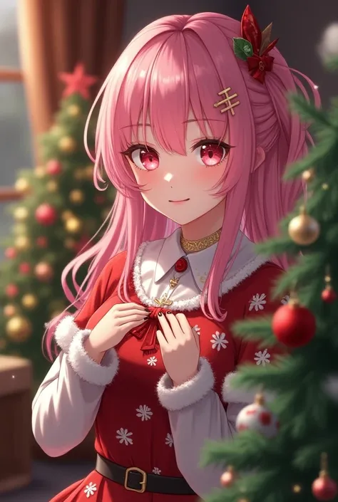 Anime sexy adult, 24 years old, very beautiful, very happy, long pink hair, pink eyes, Christmas clothes, beautiful,4k, good quality, chest, artwork, decorating a Christmas tree,realistic