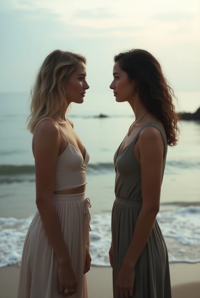 A picture of two ladies forgjving each other at the seaside bsckground not looking at each other directly 