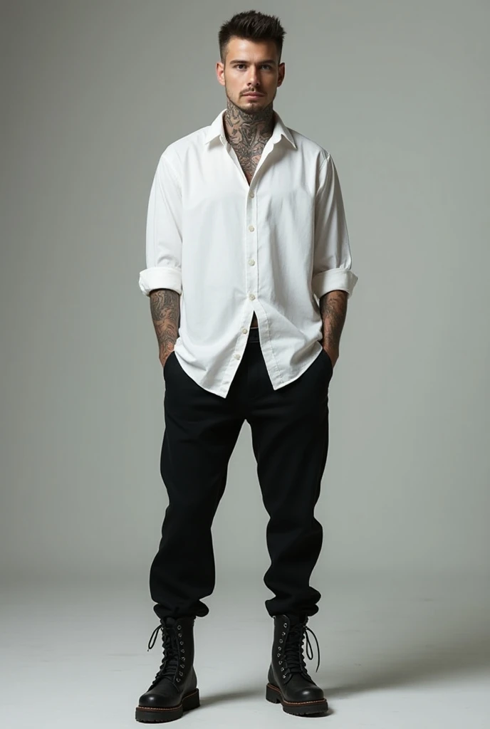  A young man dressed in a white shirt and black pants. on the neck, has tattoos. on the feet,  he wears black combat boots  , worn out and with thick soles  , perfect for winter .  His expression is calm but intense  ,  with a safe and relaxed posture .

