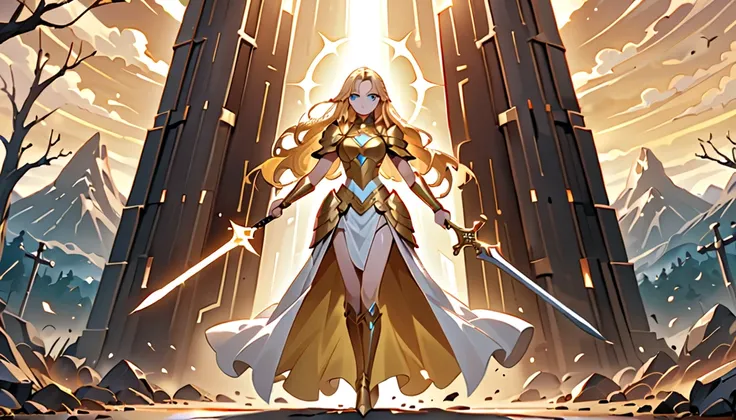 a woman warrior with a beautiful and impressive face, wearing a shining golden armor and holding a divine sword in one hand, a symbol of balance and justice. Her long golden hair matches her piercing blue eyes. The battlefield behind her is radiant with th...