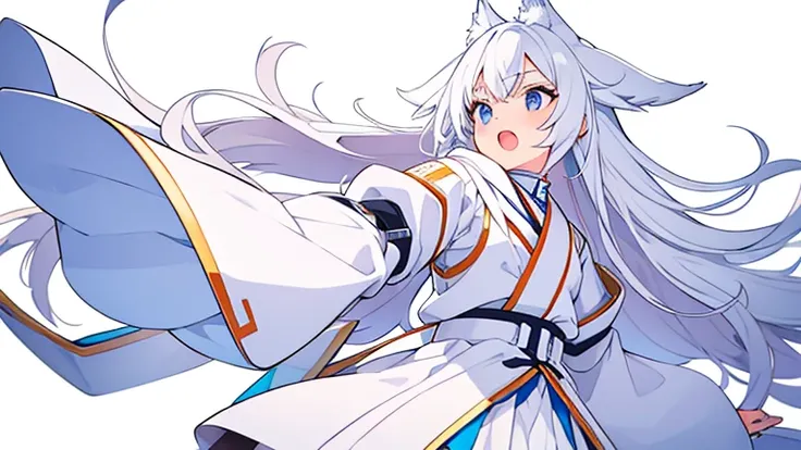 Pure white background、Long white hair、Wolf Cosplay、 is opening his mouth