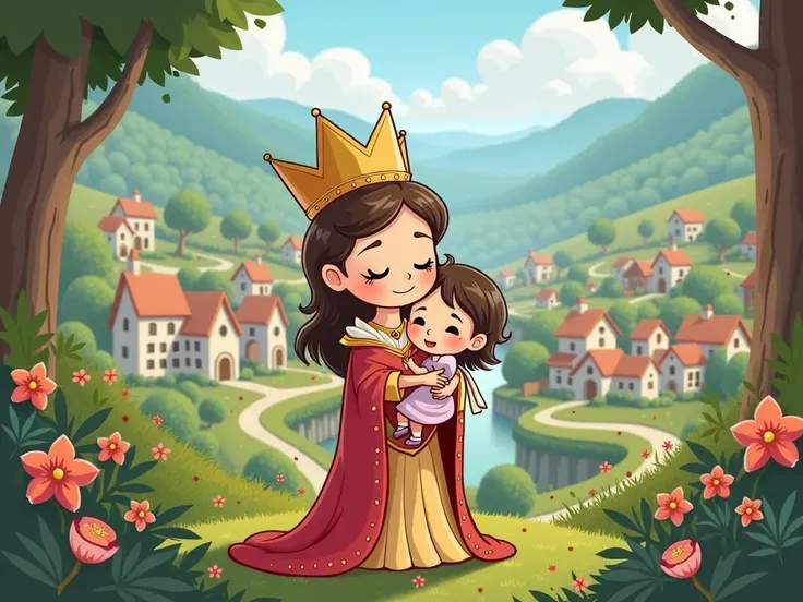 cartoon queen chibi cradling her baby girl background large village landscape background png format