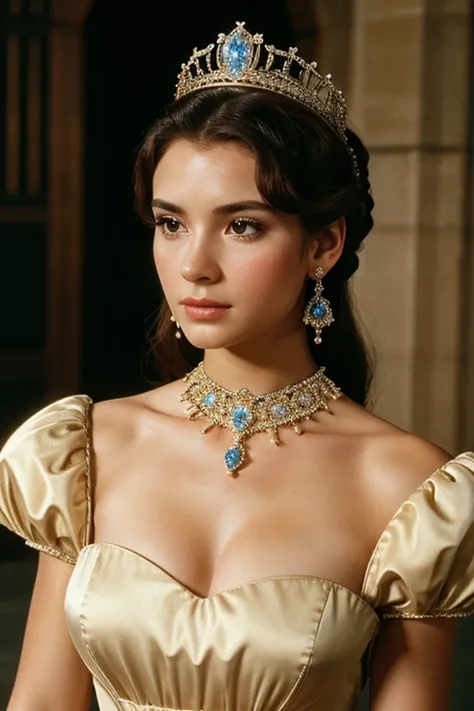 1girl, Solo, High Resolution, Anatomically Correct, Accurate, High Details, HD, High Quality, UHD, Crystal Earrings, Ultra-Wide Angle, Crown, 1989 film still, Photorealistic, medium shot, detailed gown from medieval period