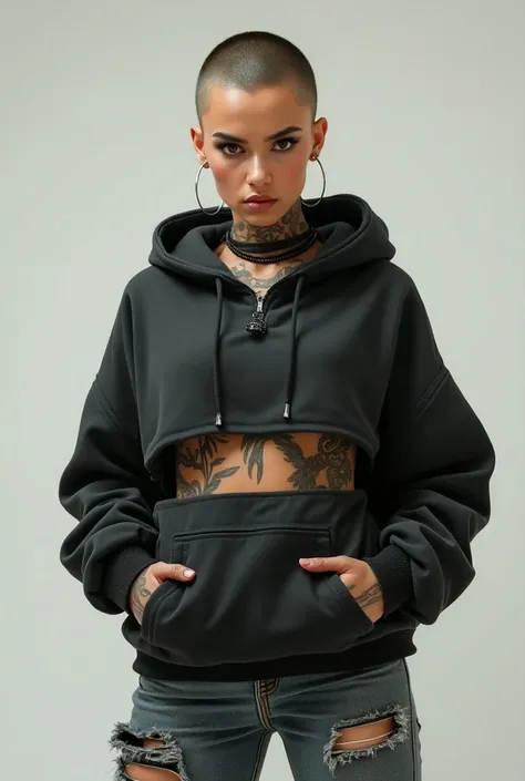 stunning young woman wearing a hugely ripped hoodie and a pair of jeans. She has a buzz cut. She has a toned physique and tatoos.