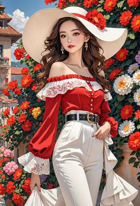 The image shows a woman wearing a stylish, wide-brimmed white hat adorned with flowers. She has long, wavy hair cascading over her shoulders. She is dressed in an off-the-shoulder red top with ruffled lace details and a white belt with a decorative buckle....