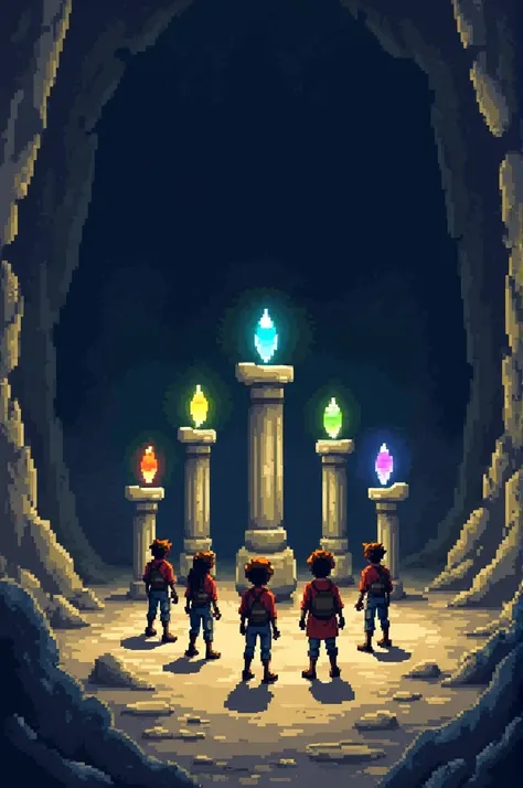  Create a 16-bit image ,  with 5 young people looking at 7 pillars inside a cave,  each pillar has a rock on top , one red stone , a green, a yellow,  one blue and one black  