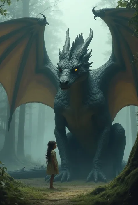 A realistic fantasy scene of an enormous, motherly high dragon with silver-tipped wings standing protectively over a young girl. The dragons immense body and wings tower above, her gentle, nurturing expression conveying a sense of calm and protection. Her ...