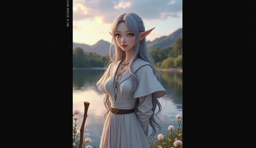 (Best quality images, masterpiece), Detailed landscape,(((Gray Hair))), Beautiful green eyes with beautiful details,  Quiet湖 (Reflecting the vibrant evening sky),Color nuances,Quiet, Freeze, One girl, Long Hair, Pointed Ears, Twin tails, jewelry, Elf, Earr...