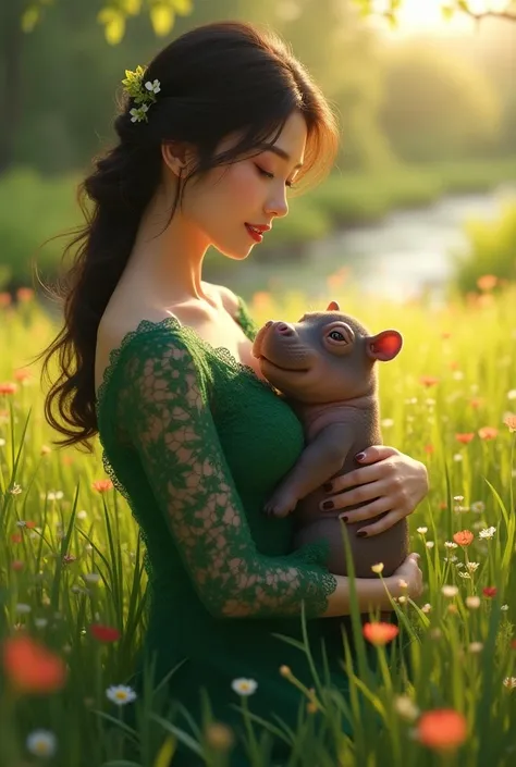 This scene was shot in a sunlit grassland, featuring a beautiful Asian woman in an elegant emerald green lace dress, looking into the camera, beautiful light brown eyes, red lips and face, cuddling a baby pygmy hippo as they sit surrounded by green grass, ...