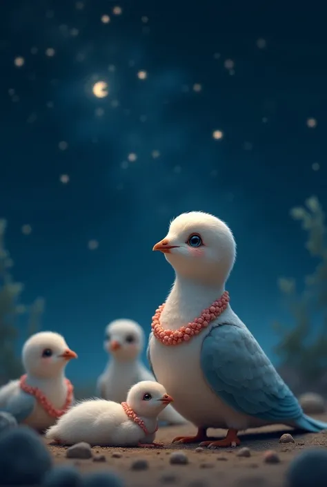 a turtle dove holds a coral necklace on her wings and looks at the starry sky; her adult ren stand nearby