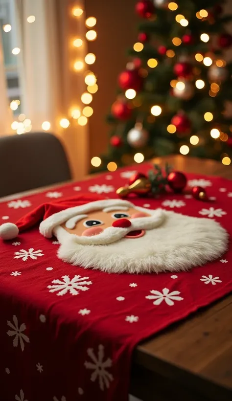 "Create an image of a festive Christmas tablecloth made of polyester, featuring a design with Santa Claus and snowflakes. The tablecloth is spread over a dining table in a cozy, warmly lit dining room decorated for the holidays. The background shows Christ...