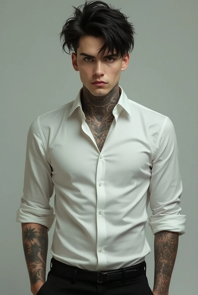  Young man with slightly messy dark hair,  he wears a white shirt and black dress pants . On his arms and neck he has tattoos . has green eyes, His face is serious 