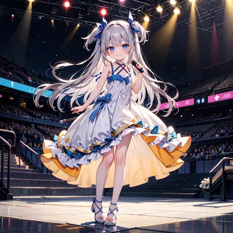 masterpiece, best quality, ultra detailed, perfect anatomy, realistic, 8k, (idol:1.2), standing, dress, (full body shot:1.4), on stage, indoor, in public, highres, daytime, microphone, holding microphone, Many Galleries, Full view of the stage,
break
1girl...