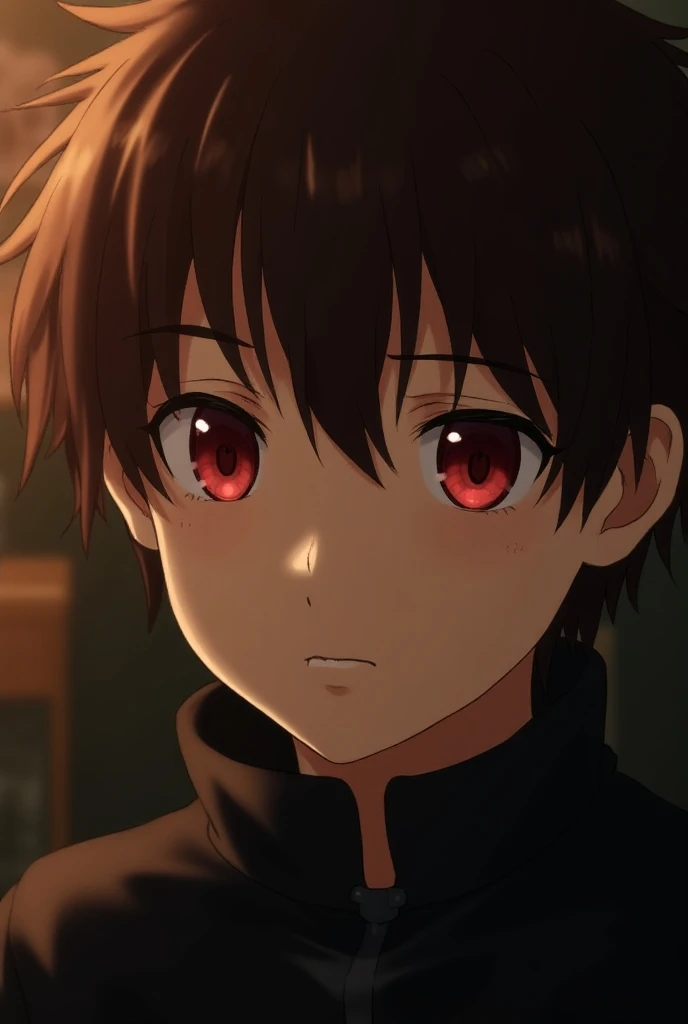  Zoom to the face of a boy with red eyes brown hair (café) similar to the cut of Ciel Phantomhive  (That his face looks worried , thin eyebrows)