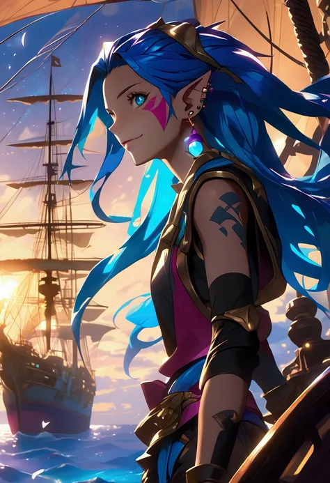 anime realism, Jinx from League of Legends, Jinx (league of legends), a girl with long blue hair, On a peaceful night, Jinx stood on a large ship about to set sail, gazing into the distance. Behind her lies the brightly lit city, while ahead lies the unkno...