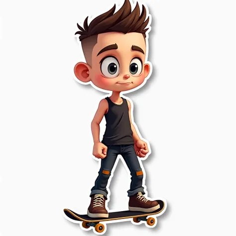 transparent background, 2d cartoon skinny adult guy 25 years old sticker. big lines. big head, big grey eyes, undercut hairstyle, short brown hair. black sleeveless t-shirt, black jeans, boots. skateboarding. choppy bottom of sticker