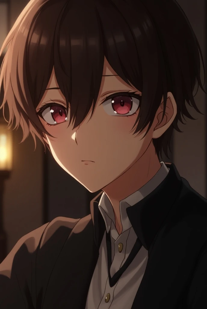  Zoom to the face of a boy with red eyes brown hair (café) similar to the cut of Ciel Phantomhive  (That his face looks worried , thin eyebrows, That he looks 18 years old but a little effeminate*