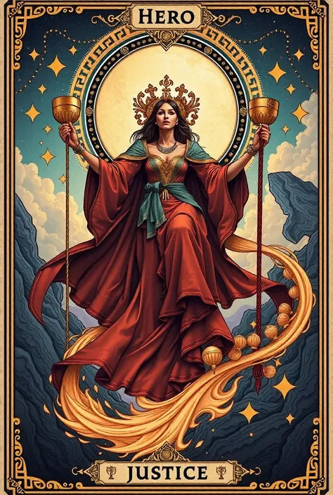 A card, detailed and complex illustration of a Marseilles Tarot card, Tarot card, "Ace of Cups" tarot card, "Hero" card header text, "Justice" card footer text, medieval text font style, Fearless Hero, Heroic outfit, floating in the sky, ((infinity symbol ...