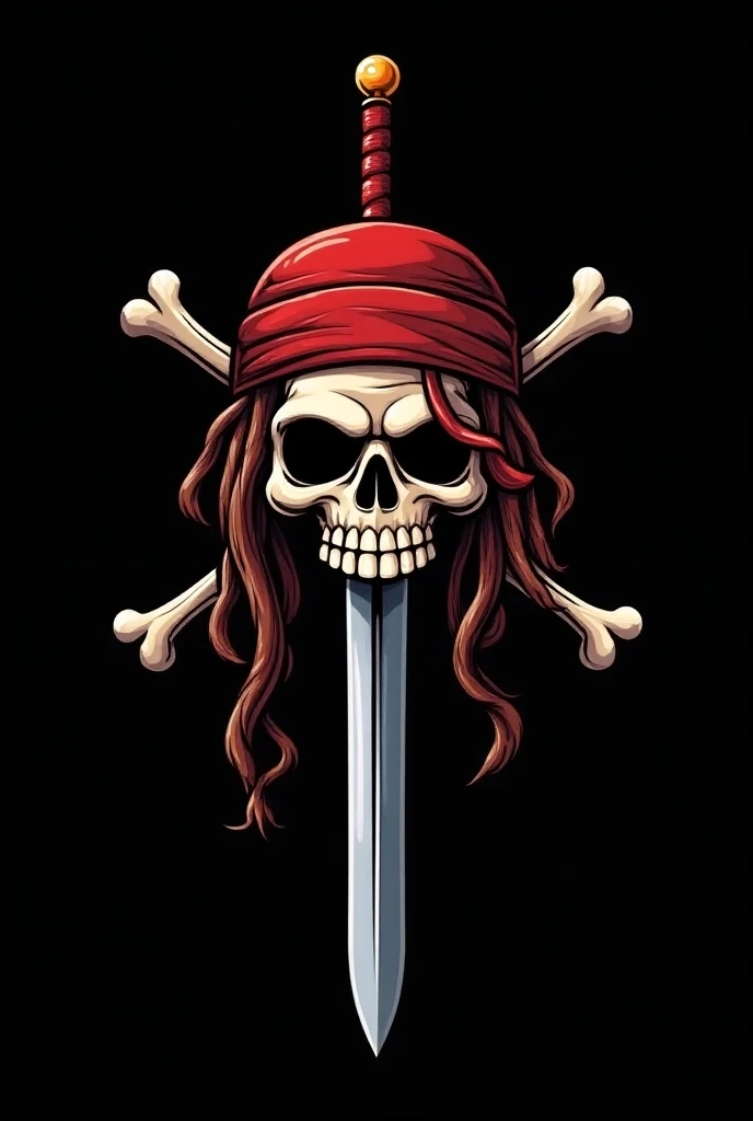 Create a logo, With a pirate skull with brown dreadlocks,  type cartoon in 2d with a black background and a sword going through the skull, In the style of one piece with brown dreadlocks and a red handle of the sword