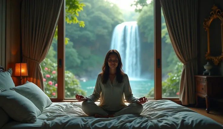 This image depicts a woman in her fifties, seated in a meditative position on an opulent bed in a mysterious and captivating bedroom. The room is bathed in subdued light, creating an enigmatic atmosphere. The woman, with silky brown hair, has her eyes clos...