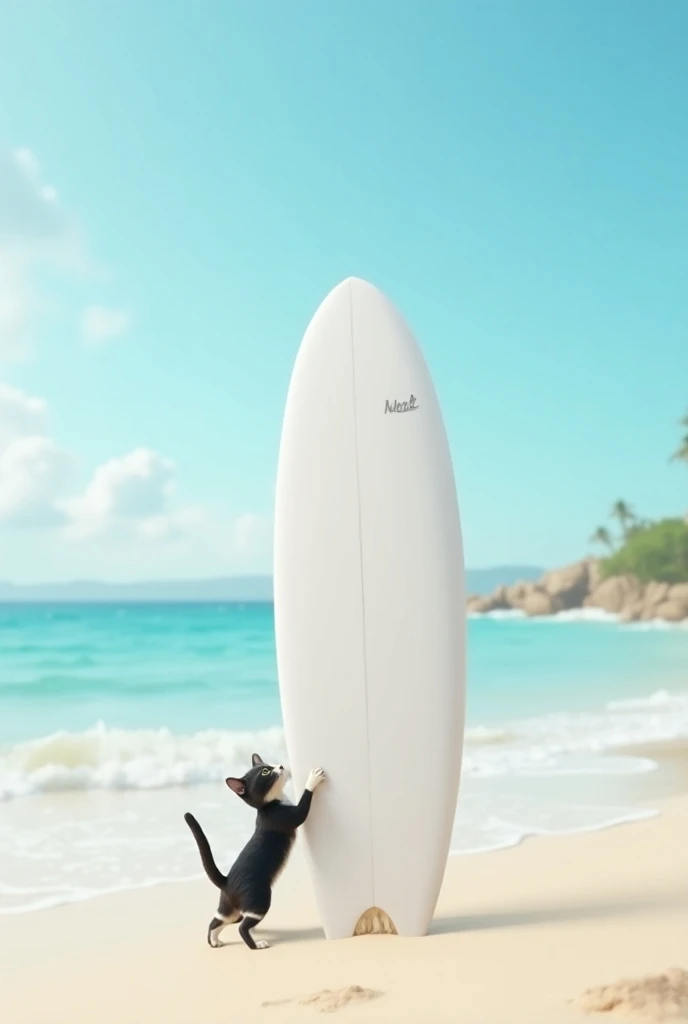 White surfboard standing with black and white cat scratching and slipping off the board 