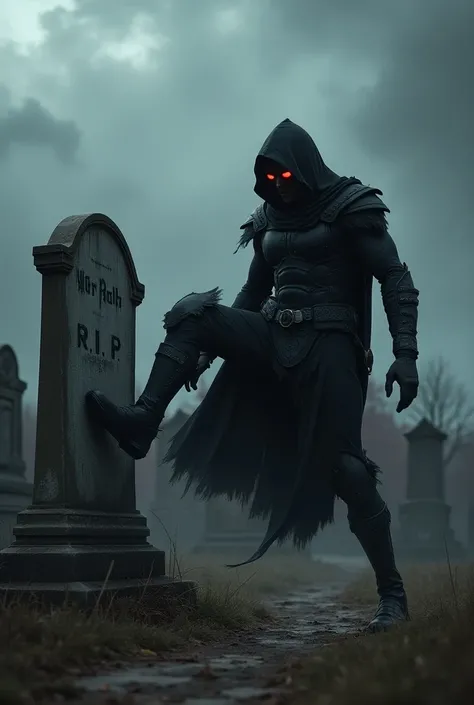 Dark warrior with red eyes kicking headstone with the name RIP