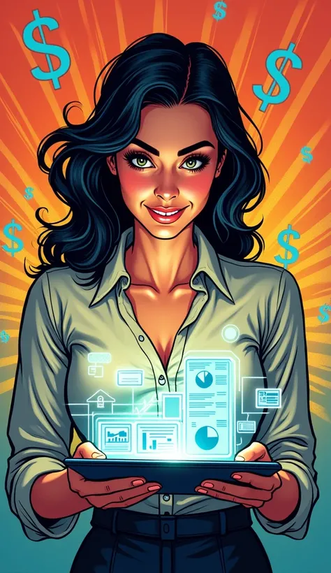 comic book art style of a woman smiling analyzing data on a glowing tablet with dollar signs flowing out