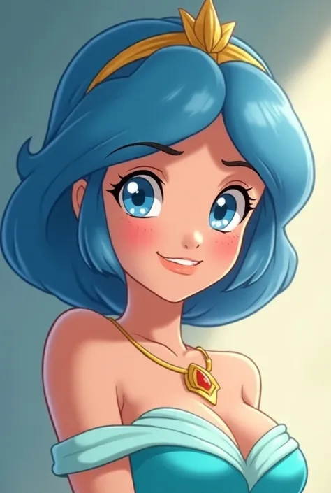 Anime girl in her 20s with blue eyes and light blue hair cut short to he shoulders. She is dressed as Jasmine from Disneys Aladdin. She is looking at the camera with a very flirty look on her face. She is blushing and winking one eye.
